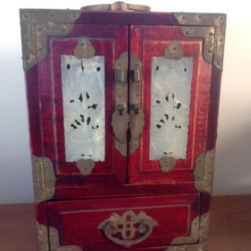 Antique Rosewood Carved Jade Jewelry Box Red Silk